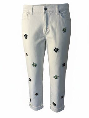 Chico's White Cropped Jeans with Multicolor Floral Embellishments